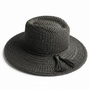 Anthropologie Women's Black Woven Tassel Fedora Hat Boho Wide Brim 100% Paper OS